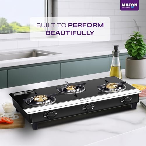 Image of Milton Ignis Pro 3 Burners Auto Ignition Gas Stove | ISI Certified | 6mm Toughened Glass Top | 360 Degree Nozzle | Heavy Pan Support | Pure Brass Burners | 1 Year Manufacturer's Warranty-Black & White