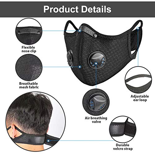 FamBrow Dust Mask with Filters, Washable Sports Face Mask with Breathing Valve & 6 Filters for Adults Running, Cycling, Allergy, Woodworking, Mowing, Outdoor Activities (Black)
