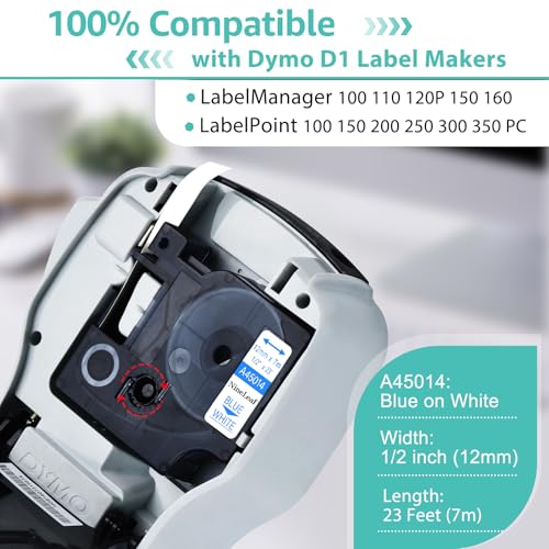 Bande d'étiquette blanche DYMO 45014 D1 compatible NineLeaf bleu 12mm