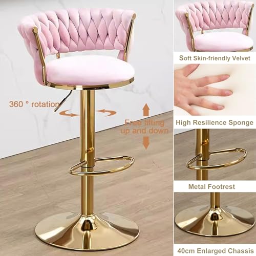 Butaco ajustable de altura, con respaldo bajo y reposapiés, giro de 360°, tapizado en terciopelo rosa con base y patas metálicas doradas, para barra, isla de cocina o pub miniatura 5