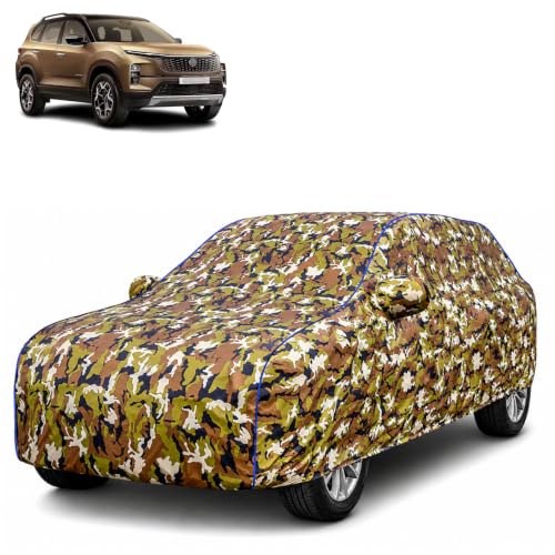 Image of Waterproof Car Body Cover for Tata Safari with Mirror Pocket| Cotton Inner Lining | Triple Stitched | All Weather Protection | Dust, UV & Rain Proof (Camouflage with Blue Piping)