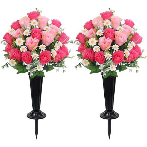 Wocst Artificial Cemetery Flowers for Grave Memorial Day Flowers for Cemetery 2Pack Artificial Silk Roses Daisy Bouquets with Cemetery Vases for Outdoor Grave Decorations (Pink)