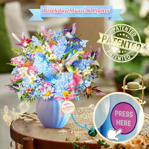 Image of APOTODITO Birthday Card, Hummingbird Birthday Card with Music and Lights, Flower Bouquet Card for Women Mom Wife