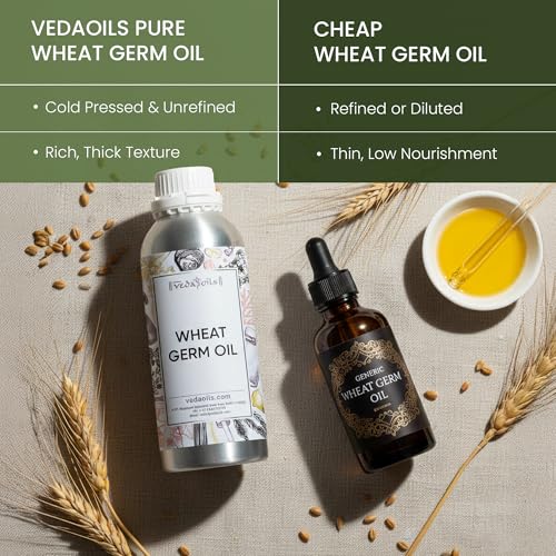 Image of VedaOils Wheat Germ Oil 100ml | 100% Cold Pressed Pure Natural Wheat Germ Oil for Skin & Hair Growth | Anti-Hairfall, Promotes Hair Growth, Softness & Shine