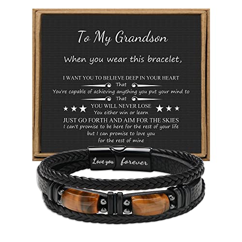 JoycuFF Grandson Bracelet Gifts from Grandma Christmas Birthday Gifts for Grandson Love You Forever with 2 Tigers Eye Stones Leather Bracelets for Men