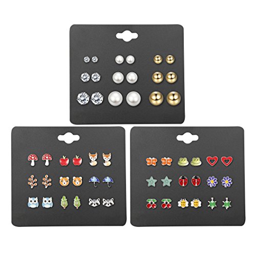 Finrezio 27 Pairs Multiple Stud Earrings for Women Girls Cute Animal-Face Crystals and Faux Pearl Earrings Set