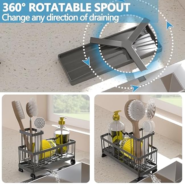 Sponge Holder for Kitchen Sink, Sink Caddy Organizer,Kitchen Essentials for Countertop-Self Drain Sponge Rack,Soap Dispenser Storage,Rustproof Stainless Steel,High Brush Holder,Grey