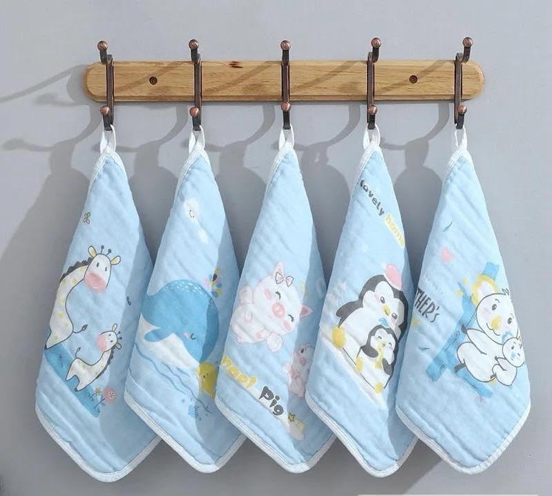 Image of Kassy Pop Baby Muslin Face Towel - Pack of 5 | Ultra Soft Baby Wipes Cum washtowel | 6 Layer Cotton | Reusable Hankies for Infants /Toddlers /Kids | 10x10 inches (Blue)