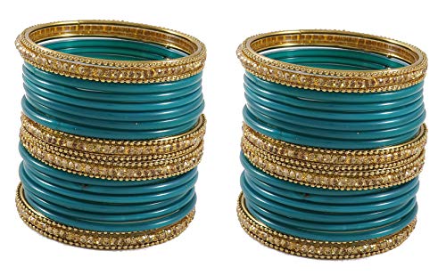 Image of NMII Glass With Zircon Gemstone Studded Worked and Ball Chain Or Plane Gloosy Finished Bangles Set For Women and Girls