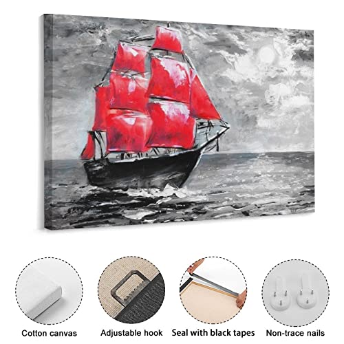 Oil Painting Red Pirate Sailing Ship Boating Ship Print, Rowing Boat Art Posters Wall Art Paintings Canvas Wall Decor Home Decor Living Room Decor Aesthetic 24X32Inch(60X80Cm) Frame-Style #TOP2