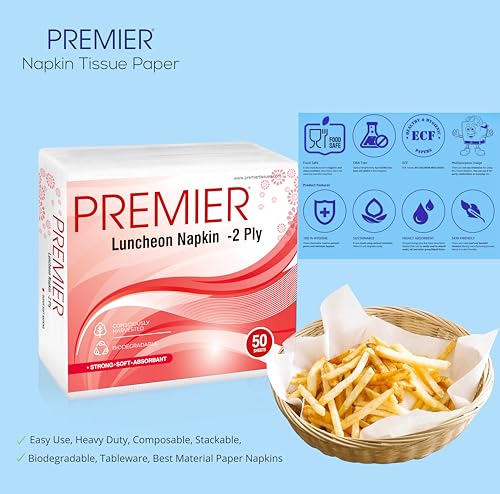 Image of Premier Luncheon Tissue Paper Napkins (200 Pulls) | 50 Pulls x 4 Pack | 2-ply Absorbent & Disposable Table Napkins | Hygienic & Durable, Ideal for Dining, Parties & Everyday Use