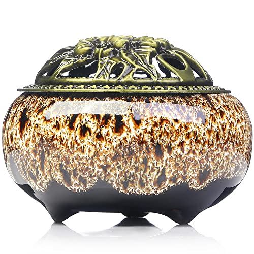 LamDawn Incense Burner with Calabash Incense Stick Holder - Porcelain Charcoal Censer for Use with Resin Granular Powder Cone or Coil Incense (New Fambe Gray)