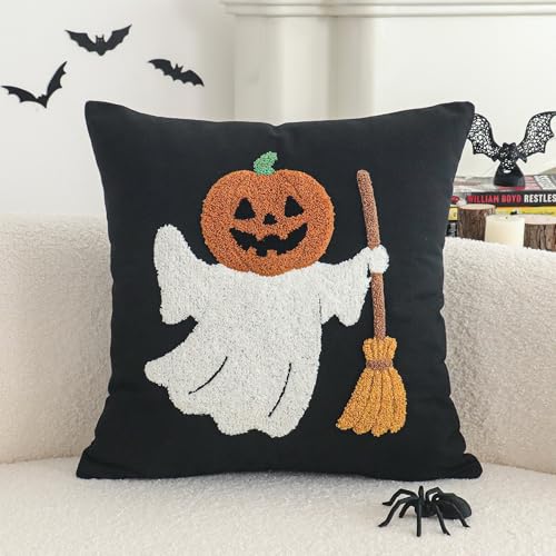 Jonhier Funda de almohada negra de Halloween, bordada, calabaza, fantasma, funda de cojín decorativa para sofá, cama, patio, funda de almohada texturizada, decoración de Acción de Gracias, otoño