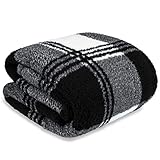 PAVILIA Buffalo Plaid Black White Sherpa Throw Blanket for Couch Sofa | Fluffy Shaggy Fleece Blanket...