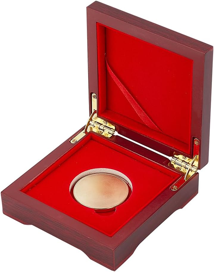 FINGERINSPIRE Challenge Coin Wood Presentation Box Dark Red Square With Velvet Inside for 40mm Coin or Awards Wooden Commemorative Coin Storage Box with Magnetic Clasp Coin Gift Box(14.1x10.1x3.55cm)