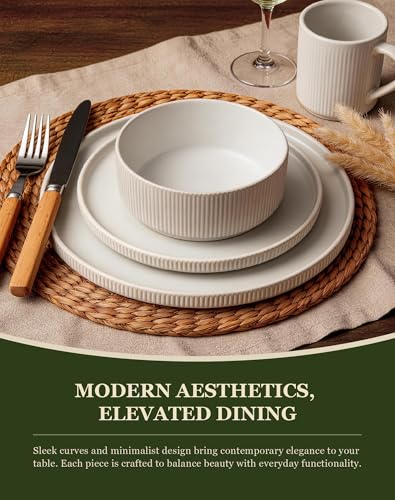Image of OTAGO 16-Piece Dinnerware Set for 4 with Mugs, Ribbed Stoneware Plates and Bowls Sets, Unique Handcrafted Reactive Glaze, Chip and Scratch Resistant Dish Set, Microwave & Dishwasher Safe, White