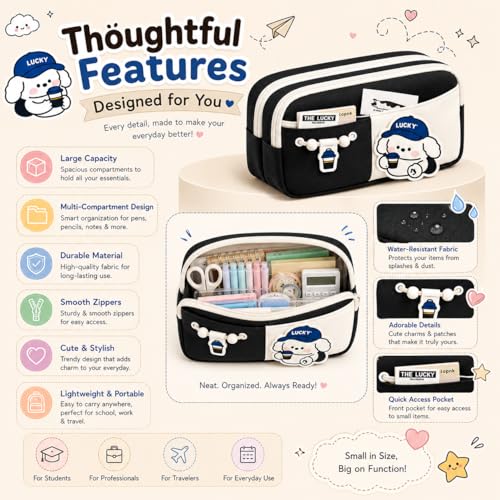 Image of Kawaii Cute Aesthetic Pencil Case for Girls & Boys | 3 Layer 6 Compartment Large Capacity Pencil Pouch with Zipper | Cartoon Stationery Organizer Bag for Students & Kids (Black)
