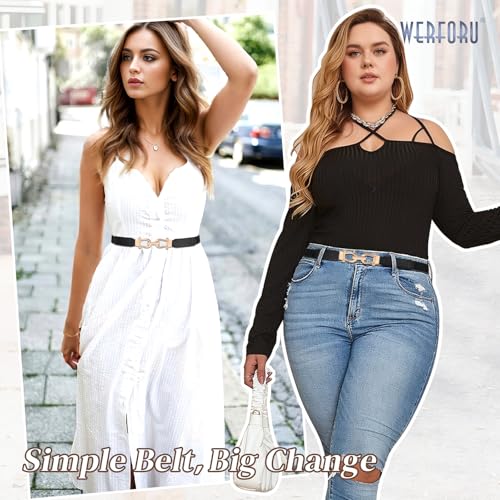 WERFORU 3 Pack Women Skinny Elastic Waist Belt Gold Buckle Stretchy Thin Belt for Jeans Dress2