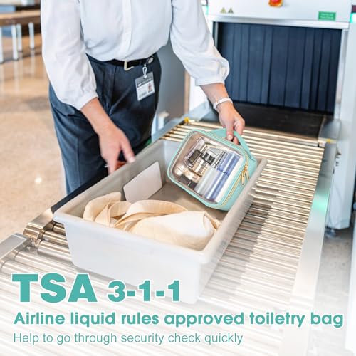 Image of Wedama TSA Approved Toiletry Bag, 3 Pack Clear Makeup Bags with Handles, Quart Size PVC Clear Cosmetic Bags for Women and Men, Carry on Airport Airline Compliant Bag, Cyan Green