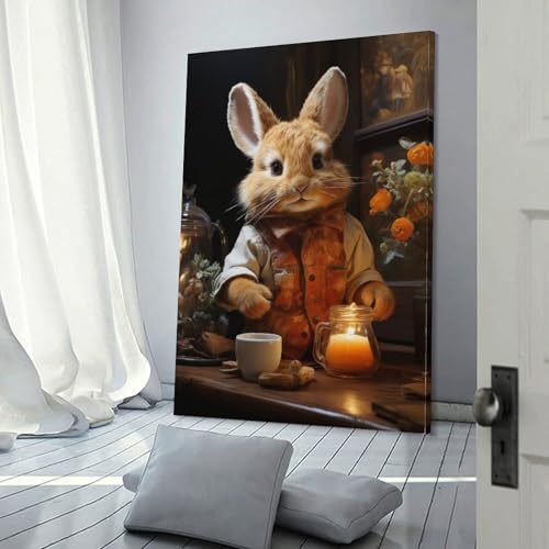 Toile lapin mignon à l'heure du thé 30 x 45 cm pour salon et chambre à coucher
