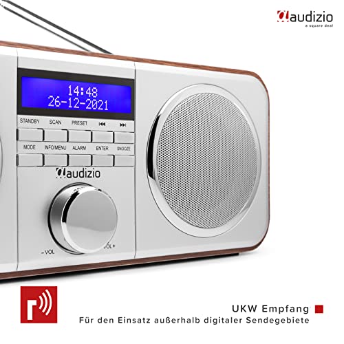 Audizio Novara - DAB Plus Radio, UKW Radio, Digitalradio mit Kopfhöreranschluss, Alarm Radiowecker, Snooze, 20 Speicherplätze, DAB Küchenradio, Stereo Kompaktanlage mit Display - Silber Holz – Bild 4