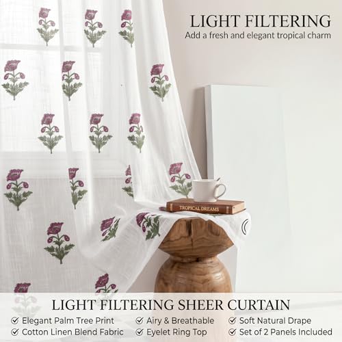 Image of LINENWALAS Decorative Cotton Linen Sheer Curtains 9 Feet for Long Door -Block Printed Door Curtain | Grommet Hanging Style Pack of 2 Panels |Light Filtering Sheer Drapes (Rose Butta)