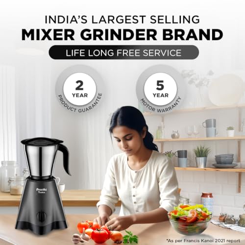 Image of Preethi Tiara 500 Watts Mixer Grinder, 3 Jars (Stainless Steel), Perfect for Grinding Masalas, Chutneys and Purees, 2 Year Warranty, Lifelong Free Service, Black