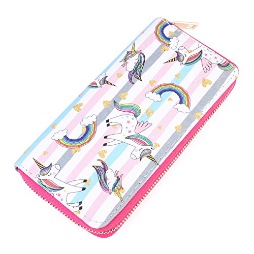 RIAH FASHION Cute Animal Print Zip Around Long Wallet - Fun Pattern Zipper Clutch Purse Card & Phone Slots Rainbow/Unicorn/Llama/Alpaca (Unicorn/Multi Stripe)