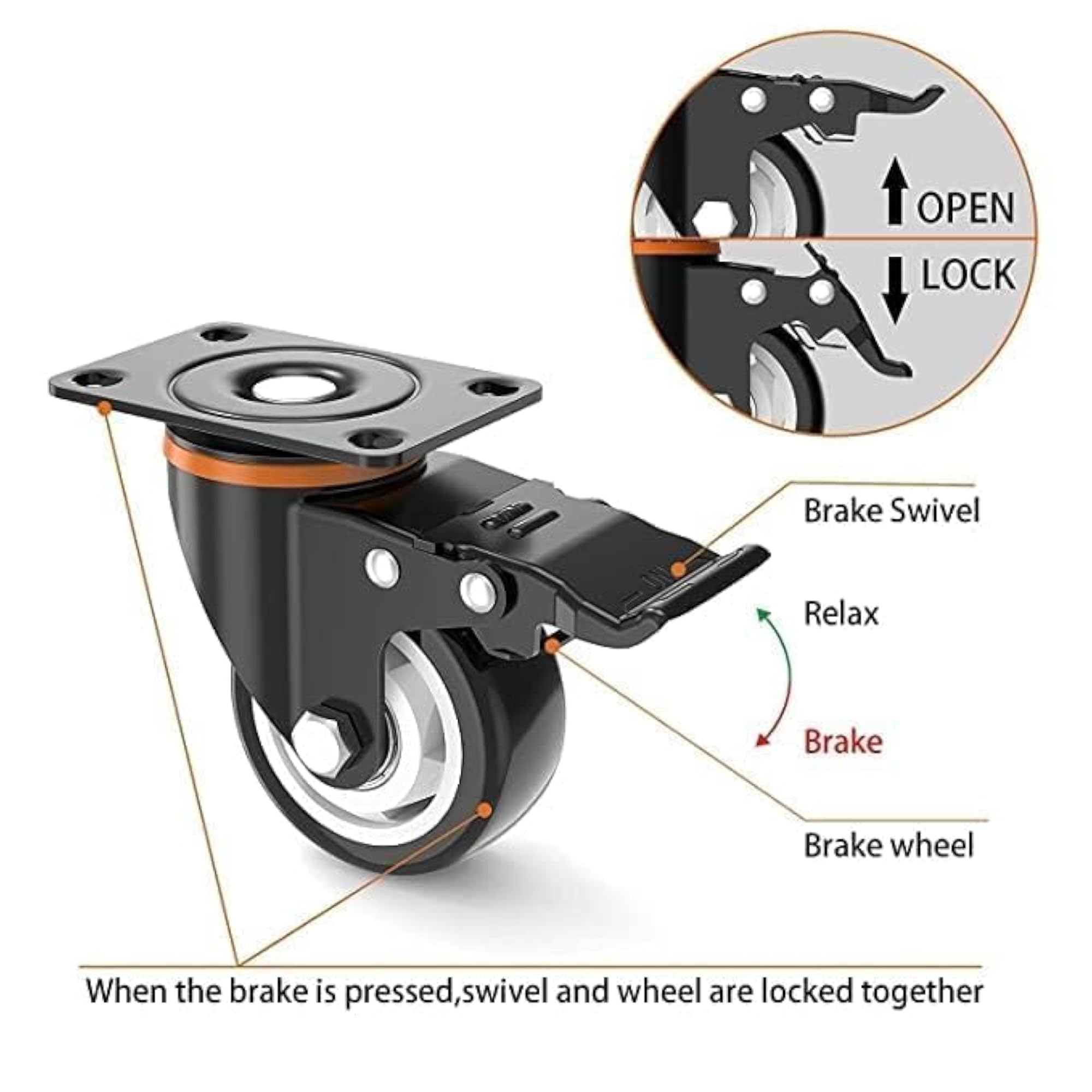 Caster Wheels, Heavy Duty Swivel Castors with Brake, 4 Pack