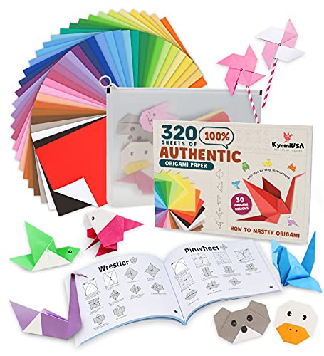 320 Sheets of 100% Pure Wood Pulp Traditional Origami Paper, 32 Vibrant Colors, 10 Sheets Each Single Sided Color, 5.9? X 5.9? KAMI Paper, Visual Instruction Book of Designs, Storage Bag by KyomiUSA