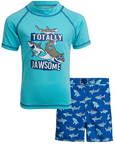 Mick Mack Boys' 2-Piece UPF 50+ Rash Guard and Swimsuit Trunks Set, Size 5, Blue Totally Jawsome