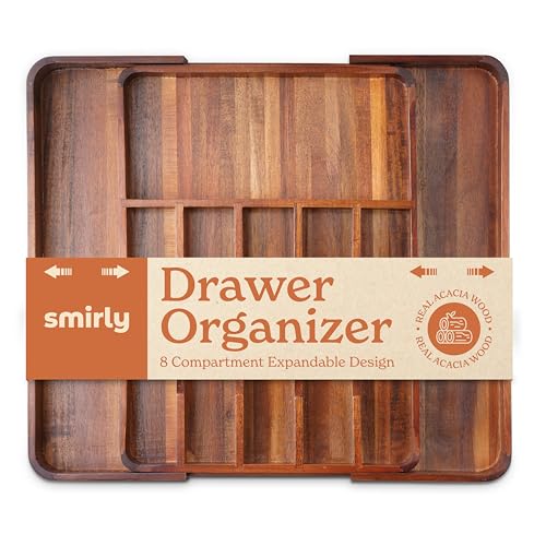 SMIRLY Organizador de cajones de cocina de acacia para bandeja de cubiertos para cajón organizador de cubiertos, organizador de cajones de cubiertos, organizador de utensilios para cajones de cocina,