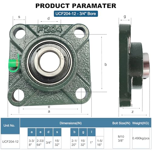Image of 4 Pack UCF204-12 Pillow Block Bearing - Square Flange 4 Bolt Bearing - Bearing Steel with 3 /4 inch Bore - Self Alignment (UCF204-12)