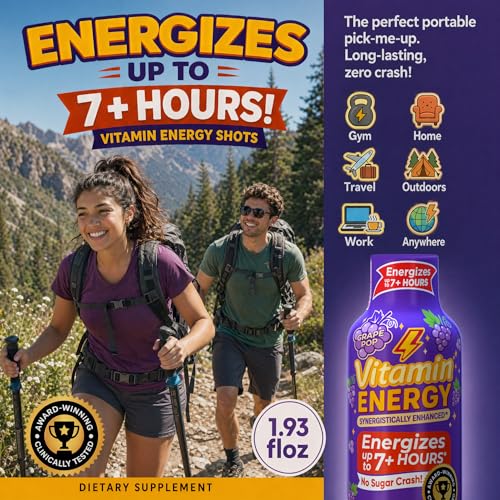 Image of Vitamin Energy Grape Pop Extra Strength Energy Shot, 48 Pack - Up to 7 Hrs, 260mg Natural Caffeine, Zero Sugar - Green Tea Extract, Immune Support, B12 B6 Niacin, 1.93 fl oz, Keto Vegan