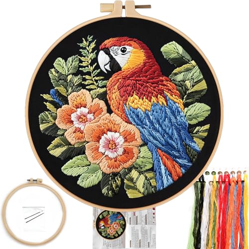 Image of FONNUY Embroidery Kit for Beginners, Birds with Flowers Pre-Stamped Pattern Kits for Adults with Hoop, Easy to Follow Color Thread Needlework, 8'' Hoop (Red Parrot)
