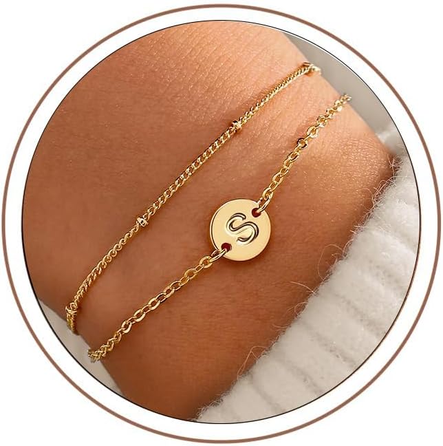 MONOZO Initial Bracelets for Women Jewelry Gifts Trendy - Dainty 18K-Gold-Plated Disc Monogram Letter S Initial Bracelets for Women Personalized Jewelry Gifts for Her