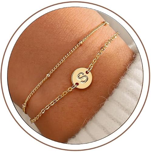 MONOZO Gold Initial Bracelets for Women Girls Jewelry Gifts Trendy - Dainty 18K Gold Plated Disc Monogram Letter A-Z Initial Bracelets for Women Girls Teens Personalized Letter Bracelet Birthday Gifts
