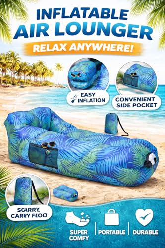 Image of Outdoor Inflatable Lounger with Air-Fill Design, Side Pocket and Carry Bag (Blue)