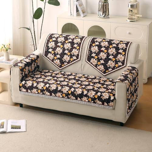 HOKIPO 'Florentina Series' Foam Filled Holland Velvet Complete Sofa Cover Set (Seat+Back+Arm) for 2 Seater Sofa with Anti-Slip Backing, Camellia Brown (IN-879+876 * 2+877 * 2-V2)