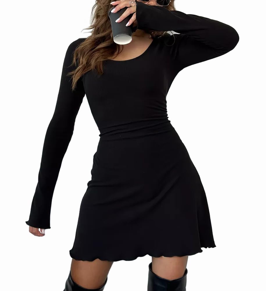 MiiVoo Womens Short Long Sleeve Casual Mini Dress Square Neck Stretchy Bodycon Party Club Short Dresses