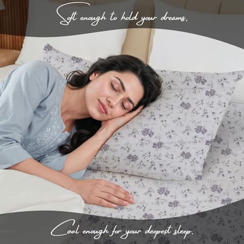 Image of LINENWALAS 100% Cotton Flat Bed Sheet for Super King Size Bed | Super Soft, Breathable, Oeko-TEX Certified 300 TC | Premium Hotel Floral Bedsheet with 2 Pillow Cover (108x120 Inches, Lavender Haze)
