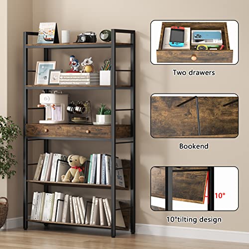 Yaohuoo Bookshelf With 2 Drawers-31.5” Widen Industrial Book Shelf With Bookend, 5 Tiers Tall Storage Shelves, Steel Frame Display Rack, Suitable For Bedroom,Office,Living Room,Bathroom #TOP6