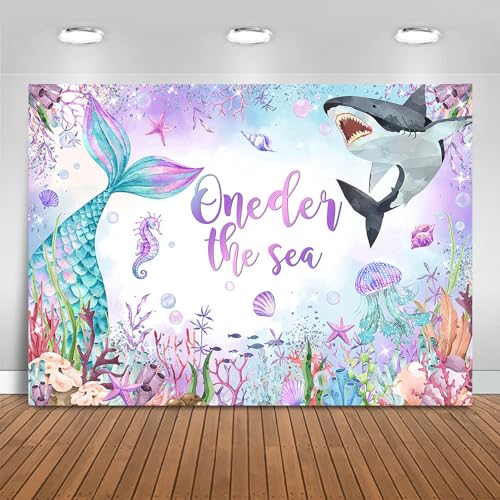 Image of Fitumiw Oneder The Sea 1st Birthday Backdrop 7x5ft Mermaid Under The Sea Shark 1st Birthday Background Party Decorations Mermaid Tail Boy Girl Happy First Birthday Banner Photo Booth Prop
