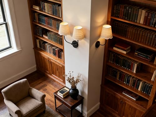 Image of Phansthy Industrial Hardwired Wall Sconce Vintage Farmhouse Wall Light, Boho Brass Finished Wall Lamps with Natural Rattan Woven Lampshade for Bedroom, Living Room (Black, Two-Light)