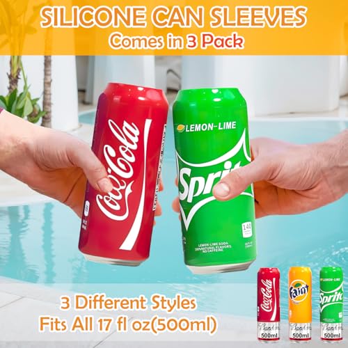 Image of TecoKart Silicone Beer Can Covers 500ml - Soda-Look Beverage Can Sleeves, Anti-Slip Reusable Can Wraps, Creates a Soda-Like Look - Fits 500ml Cans (3 Pack， 3 Colors)