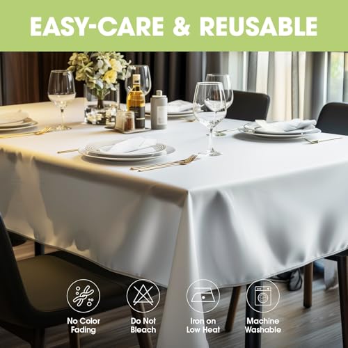 Image of Pureegg Polyester Tablecloth 60 inch x 84 inch Reusable & Washable 2 Pack White | Durable, RectangleTable Cloth , for Outdoor Party, Picnic, Wedding, Banquet, Birthday