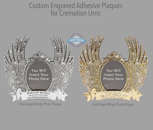 Image of Custom Engraved Angel Adhesive Photo Plaque - Chain Free Urn Plate & Engraved Urns for Ashes Adult Male & Urns for Human Ashes Adult Female - Patent Pending (Angel Wings with Photo Frame)