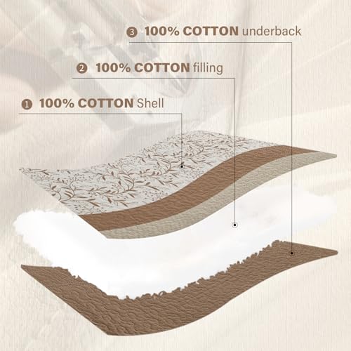Quilta Queen Bedspread 102 x120 - Farmhouse Floral Striped Design Oversized Queen Quilt Set, Elegant and Textured Coverlet, 3-Piece Lightweight Comforter Soft Bedding Set, 100% Cotton, Brown/White — view 5