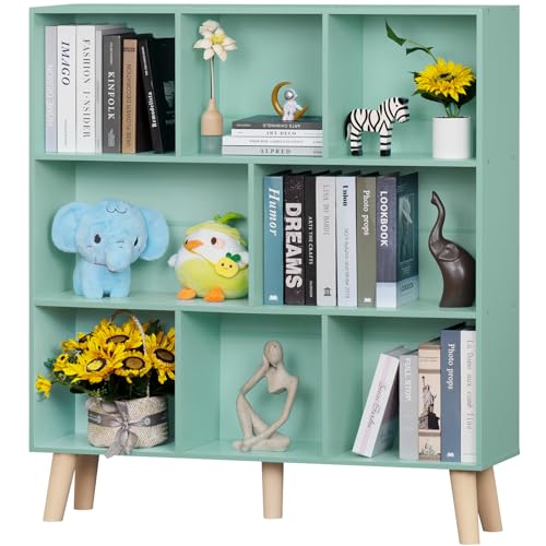 LEYAOYAO 8 Cube Bookshelf 3-Tier Bookcase with Legs, Mint-Green Kids Book Shelf Cute Storage Organizer, Large Open Toy Shelves Modern Bookshelves,Display Bookcases for Bedroom,Living Room,Nu