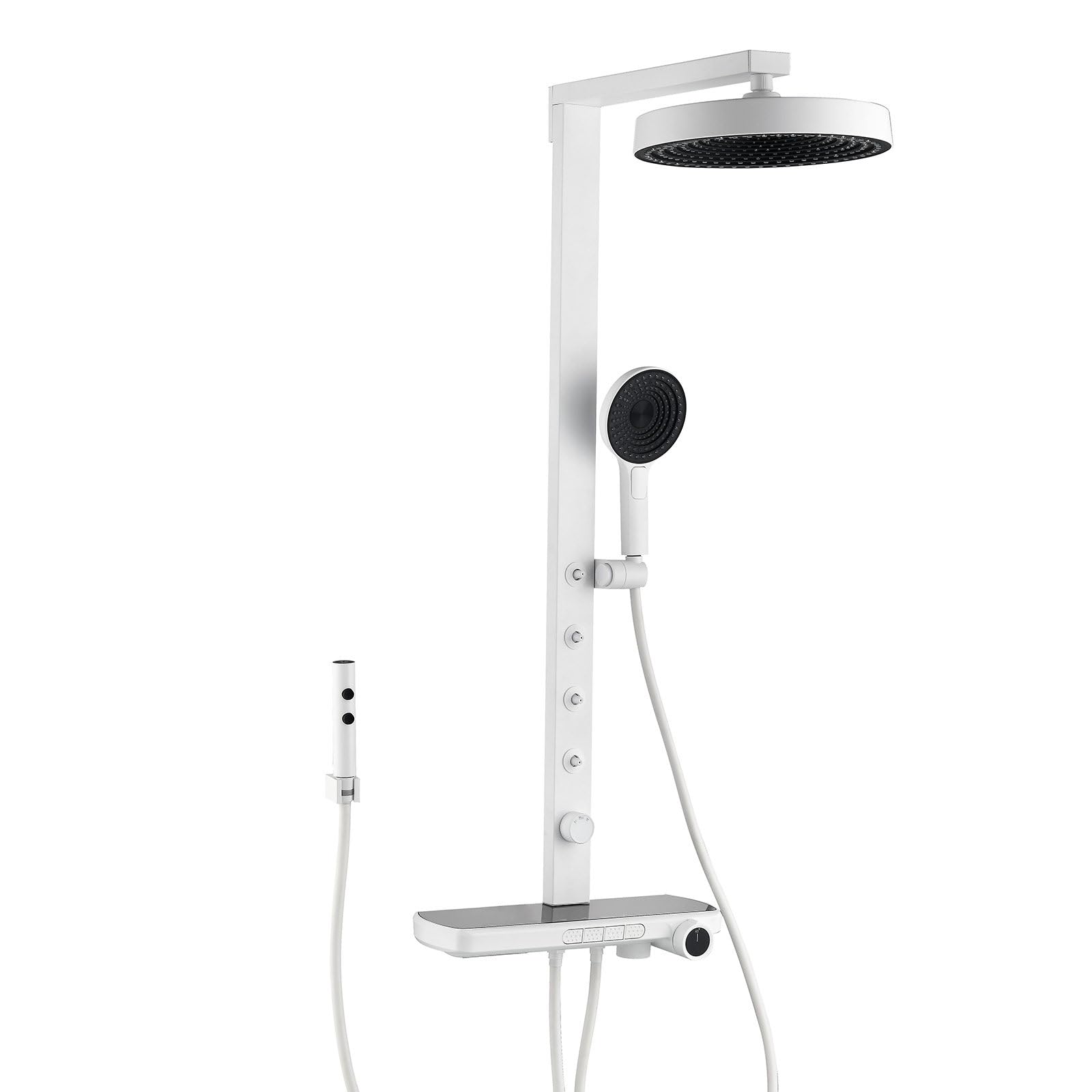 Colonna Doccia Con Miscelatore Termostatico con Ripiano in Vetro, 5 Modalità Doccia, Doccia a Pioggia e doccetta, 4 getti idromassaggio, bocca vasca, Pistola per doccia, Set doccia da parete